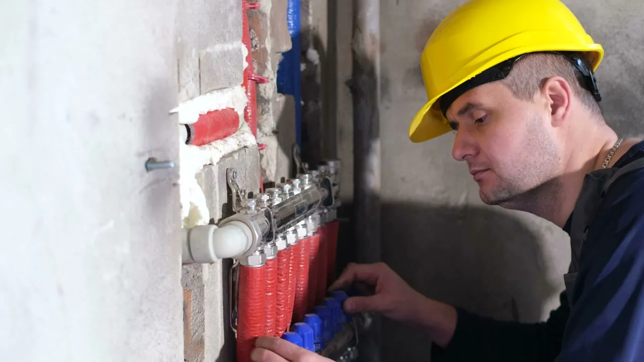 Plumber checking a solar water heater in Cyprus