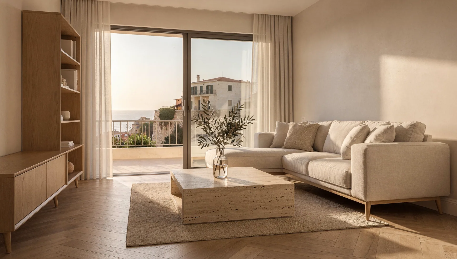 Illustrative sunlit apartment with a linen sofa and balcony