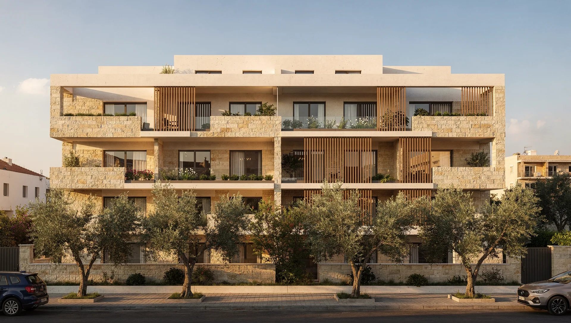 Illustrative modern apartment building with planted balconies in Nicosia
